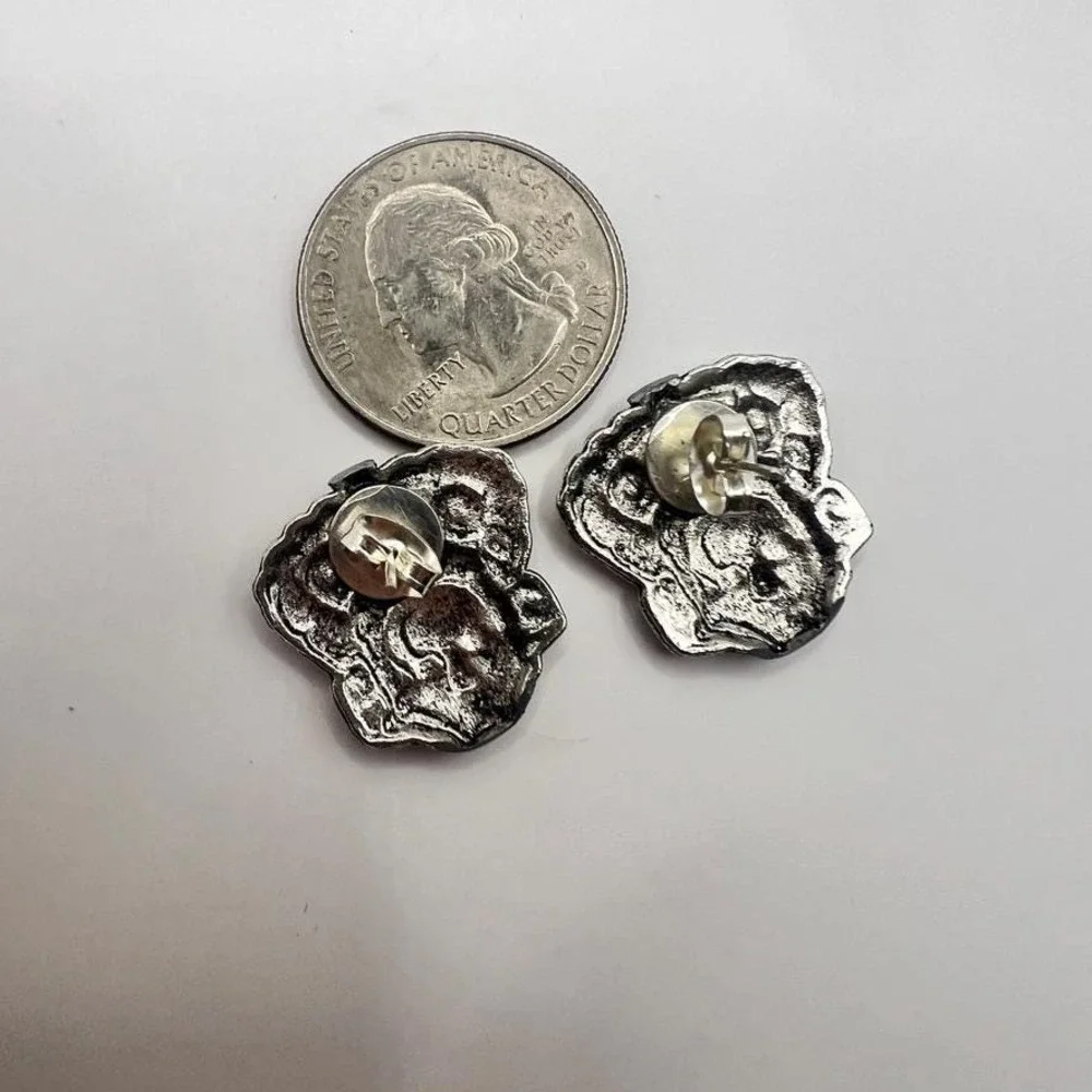 Sculptural Tribal Face Earrings Silver Pierced‎ Posts Statement Bold Ethnic Vibe